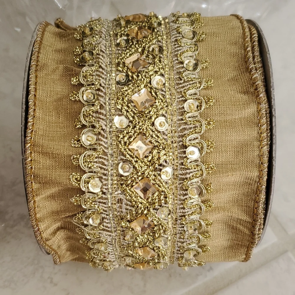 💛💫 FRONTGATE ROYAL JEWELED GOLD FAUX SILK RIBBON GARLAND 💫💛